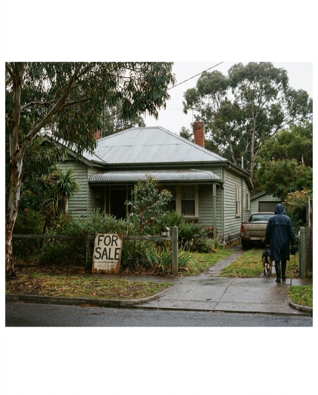 A weatherboard home with a for-sale board