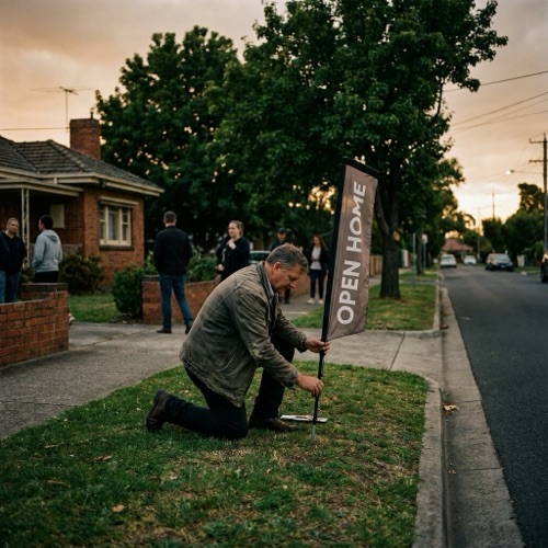 An agent placing an open-home flag