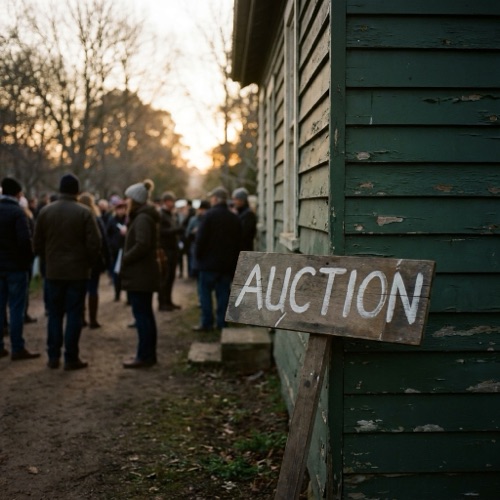 An auction board outside a cottage