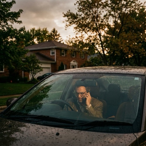 An agent on a call in a parked car