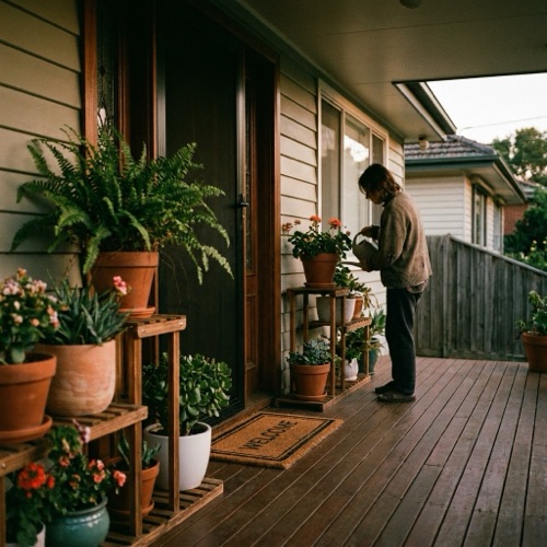A front porch with potted plants