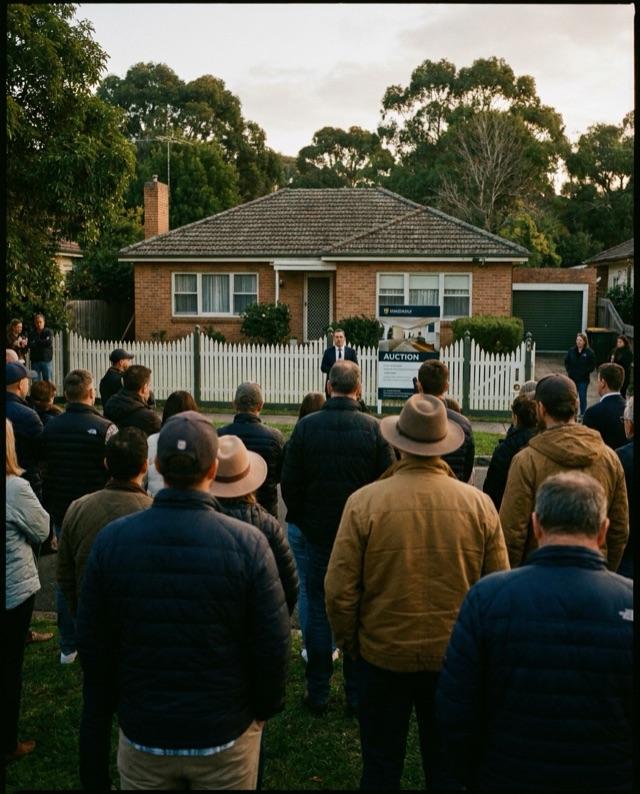 An auction crowd on a front lawn