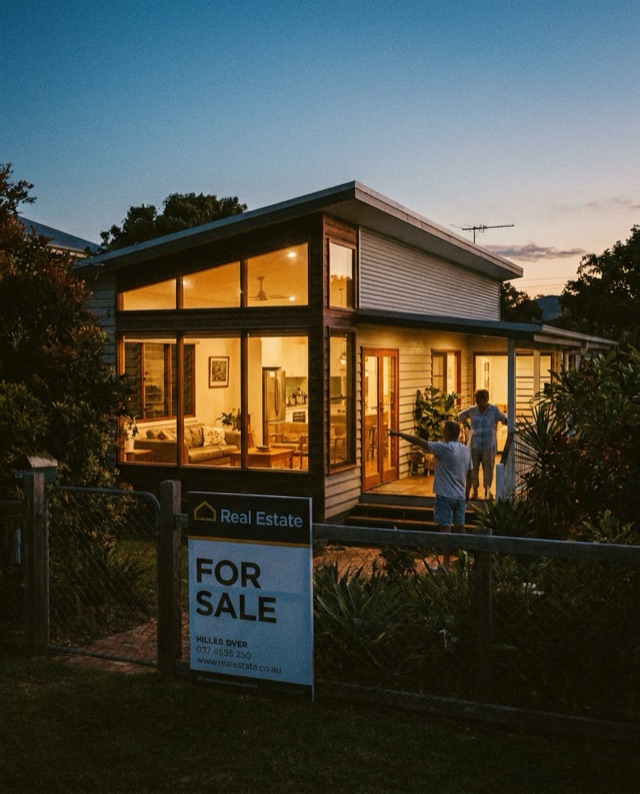 A just-listed home at twilight